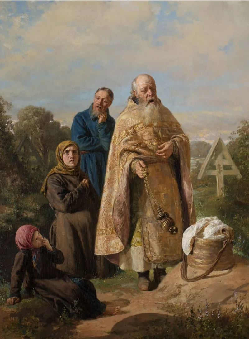 Священник с кадилом у могилы на сельском кладбище. Русская живопись, 1865 год