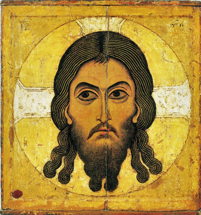 The Image Not Made by Hands, Novgorod icon of the 12th century: the face alone with a cruciform halo, no shoulders and no setting. Tretyakov Gallery