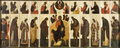 A deisis tier with the prophets' row above it, every figure turned towards the centre. Russian icon, 16th century, Walters Art Museum