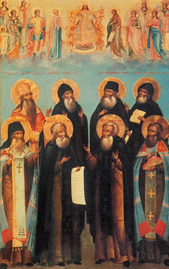 The Synaxis of the Radonezh saints gathered on one icon. 18th century, Church of the Prophet Elijah near the Lavra