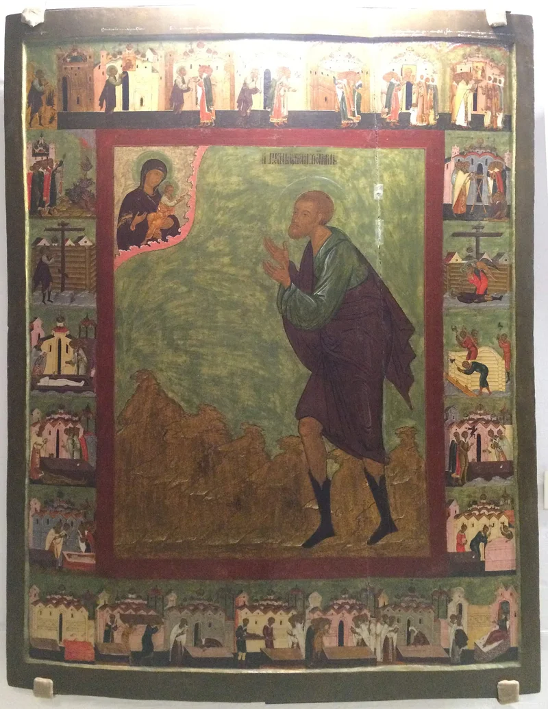 Blessed Procopius of Ustyug, barefoot and in rags, praying to the Mother of God. Icon of 1602, Veliky Ustyug