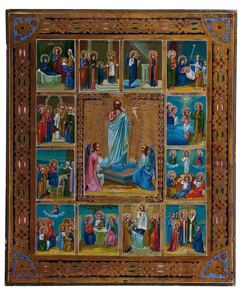 The Resurrection in the centre with the twelve feasts around it. Russian icon, circa 1900