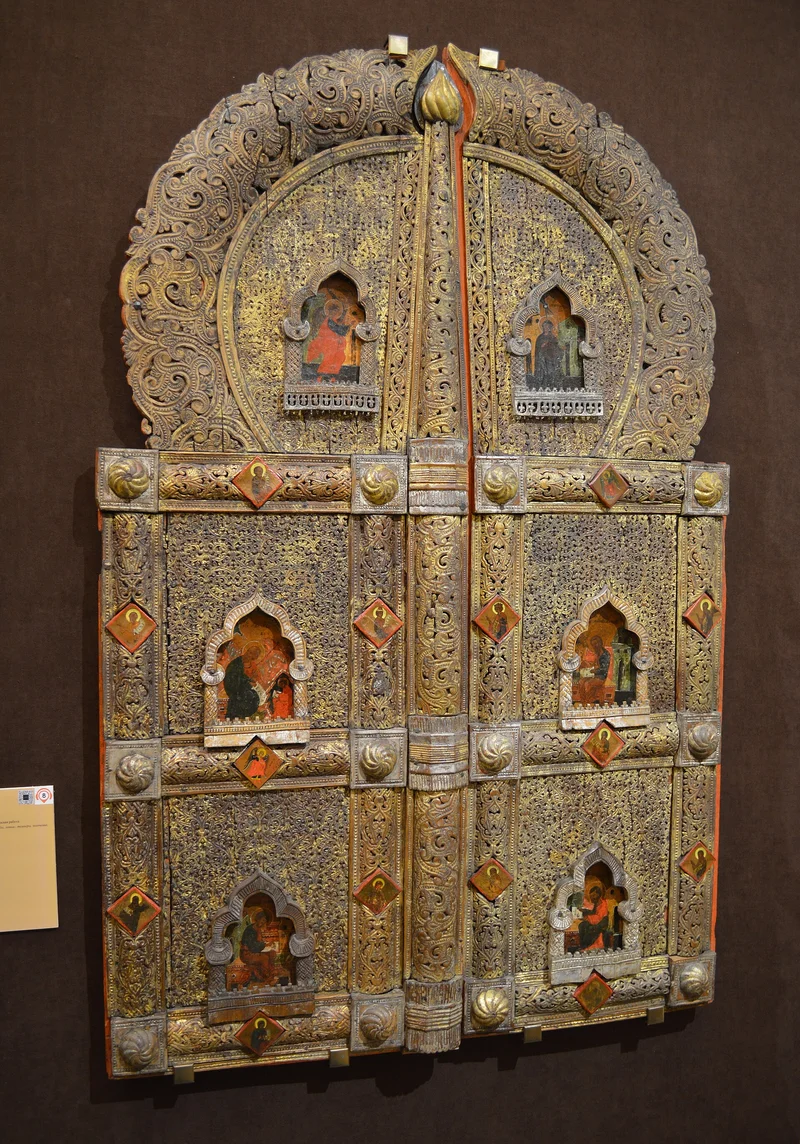 Openwork carved double doors with painted medallions, removed from an icon screen. Museum piece