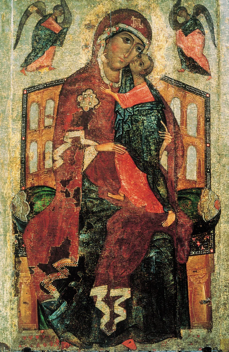 The Tolga icon, last quarter of the 13th century: the Mother of God enthroned with the Child on her lap and angels at the sides — the Panachranta type. Tretyakov Gallery