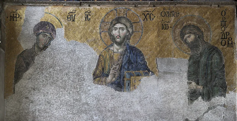 Christ between the Mother of God and John the Baptist, both inclined to him in prayer. Mosaic of the 13th century, Hagia Sophia, Constantinople