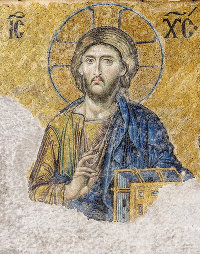 The abbreviation IC XC with title marks above the letters, set beside the Saviour's head. Detail of the 13th-century mosaic in Hagia Sophia