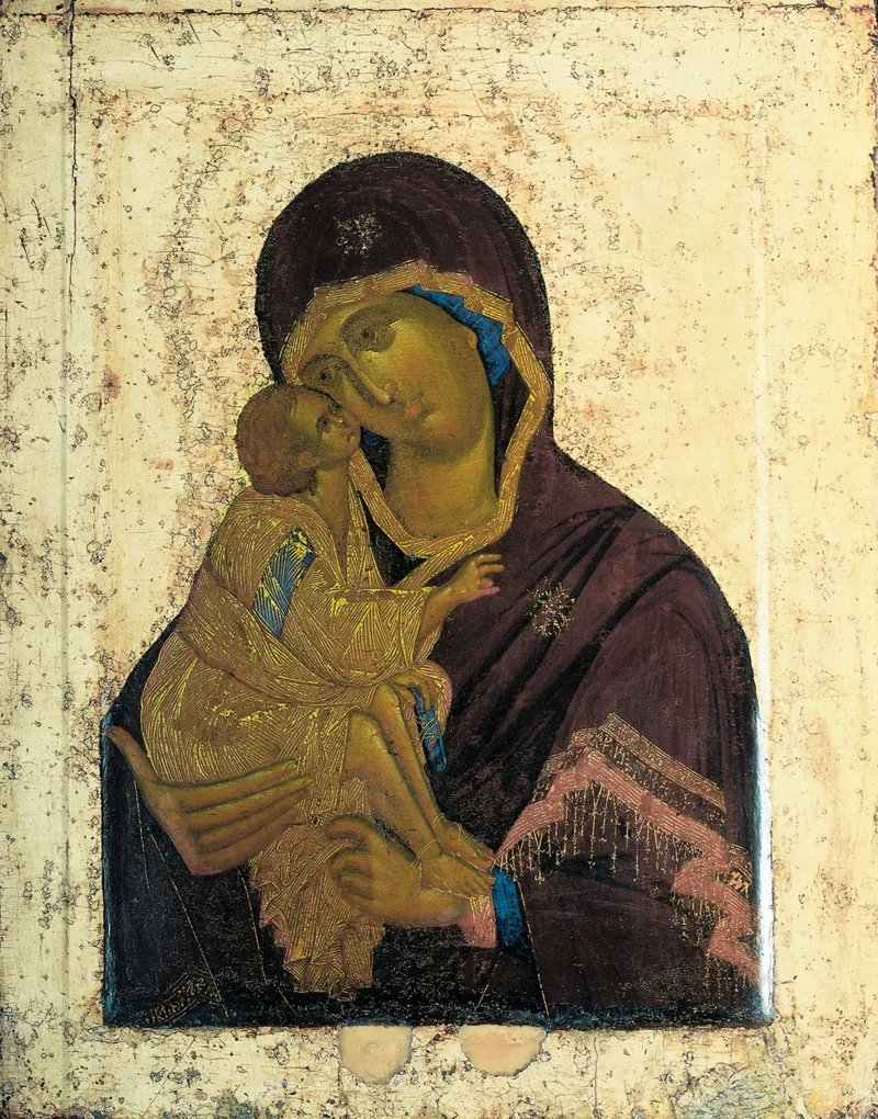 Донская икона, 1390-е годы: Младенец обнимает Мать и прижимается щекой к Её щеке. Третьяковская галерея