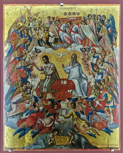Икона Михаила Дамаскина, 1585–1591: Христос-Архиерей служит в окружении ангелов. Музей икон, Ираклион