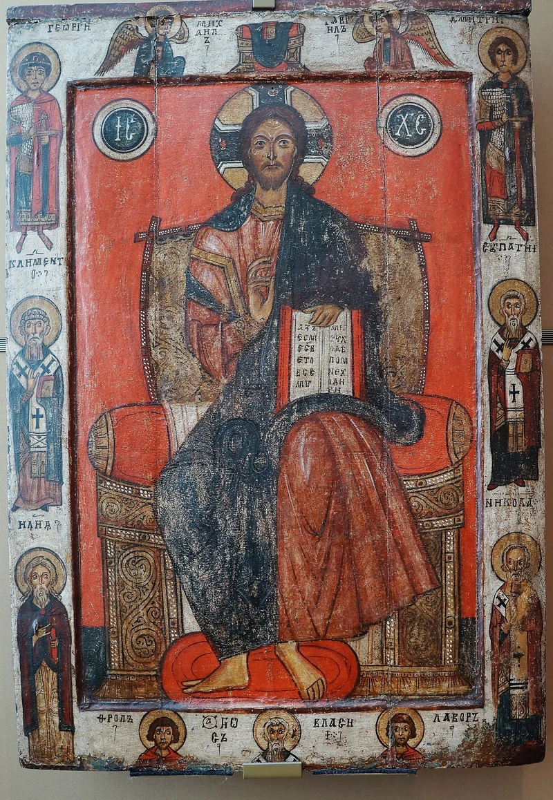 The Saviour Enthroned with chosen saints, 13th century; the wooden panel with its recessed field and raised margins is clearly visible. Tretyakov Gallery, Moscow