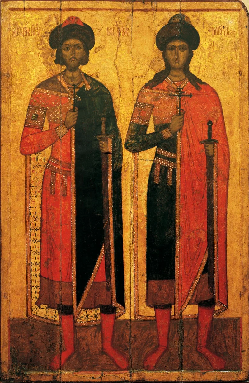 Boris and Gleb holding both a martyr's cross and a prince's sword. Novgorod, mid-14th century
