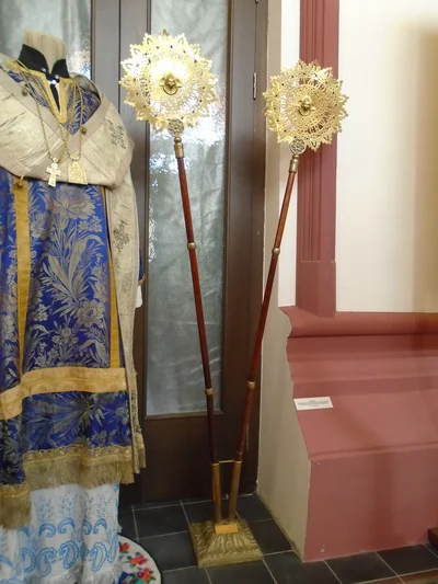 A pair of fans on long staffs, brass, early 20th century. Museum of Ss Peter and Paul Cathedral, Kazan