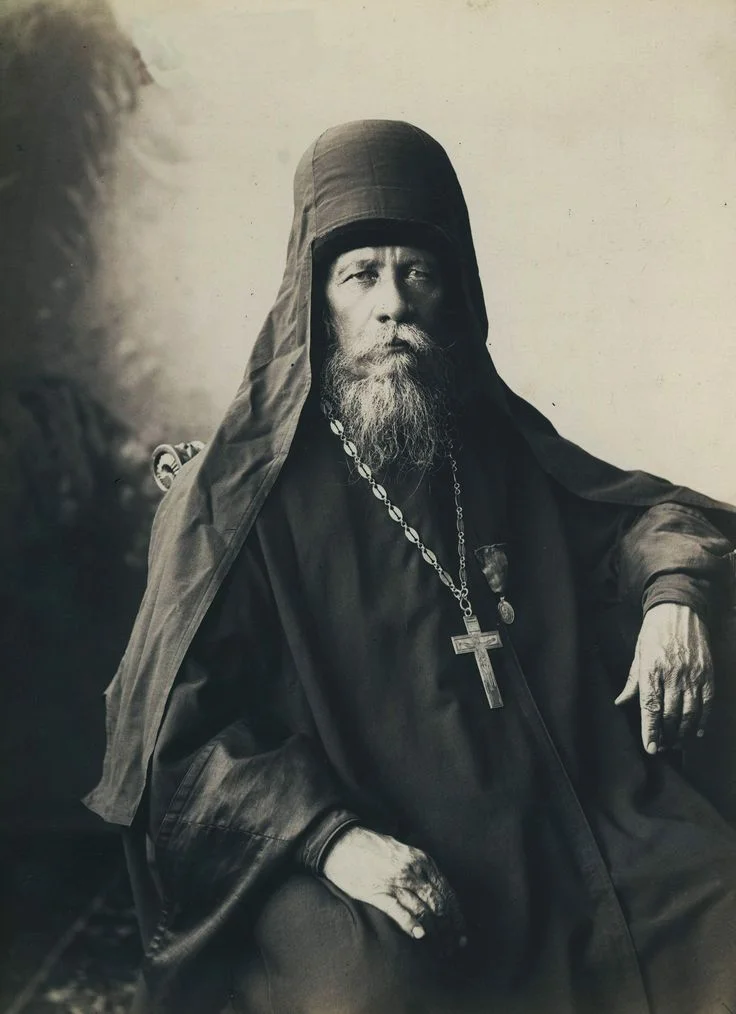 Filaret, superior of the Kerzhenets Edinoverie monastery, in mantle and klobuk with a pectoral cross. Photo by M. Dmitriev, 1897