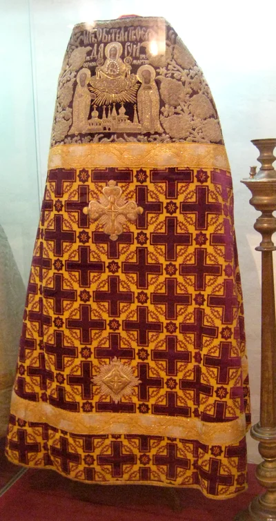 The back of a phelonion: an embroidered cross with an eight-pointed star below. Ferapontov Monastery