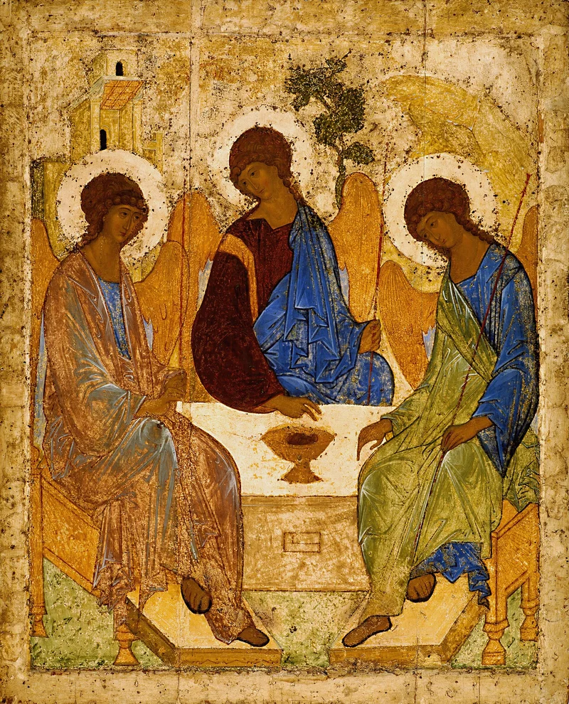 Andrei Rublev's Trinity, 1425–1427: reverse perspective in the table and footstools, gold ground instead of sky, light with no source. Tretyakov Gallery
