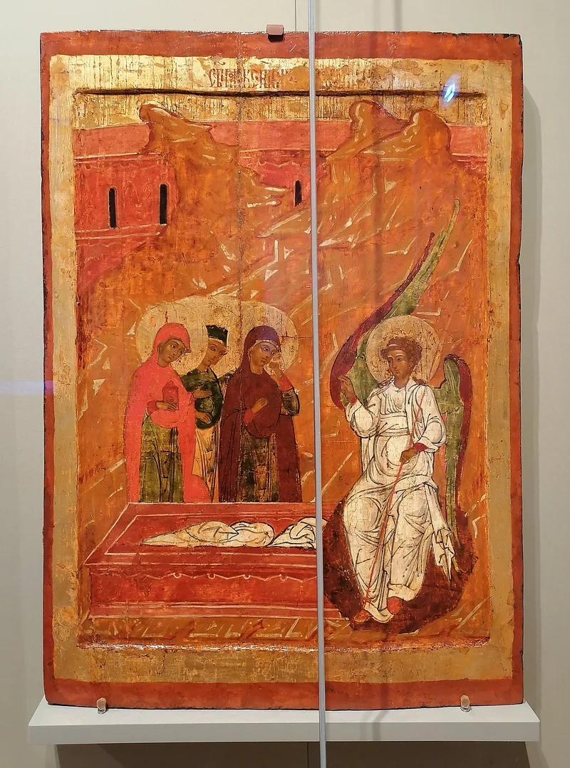 The women with jars of myrrh at the empty tomb, the angel seated on the stone. Arkhangelsk lands, early 17th century. Hermitage