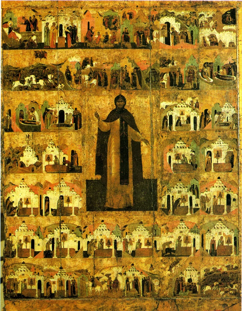 Prince Alexander Nevsky in monastic habit, framed by scenes of his life. 16th-century icon, St Basil's Cathedral