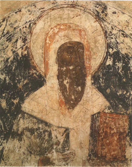 Фреска, поясной образ монаха с книгой