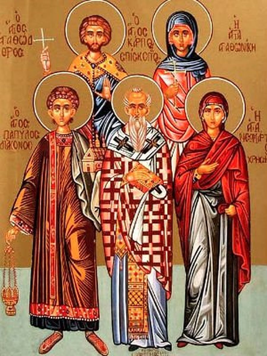 Групповая икона с греческими надписями: Агафодор, еп. Карп, диак. Папила, мц. Агафоника — подлинное изображение