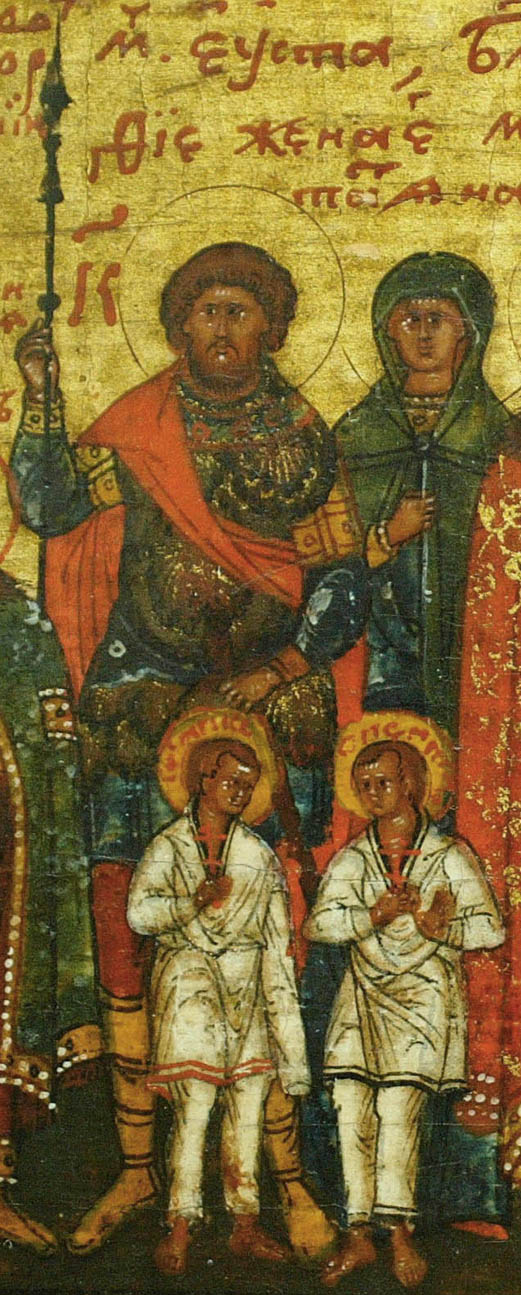 Гравюра: воин с мечом (вмч. Евстафий Плакида), жена (мц. Феопистия) и двое детей (мчч. Агапий и Феопист) — подлинное изображение семьи