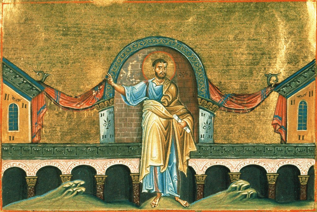 Фреска, пророк со свитком, чёткая греч. надпись «ΑΧΙΑ» рядом с фигурой — подлинное изображение