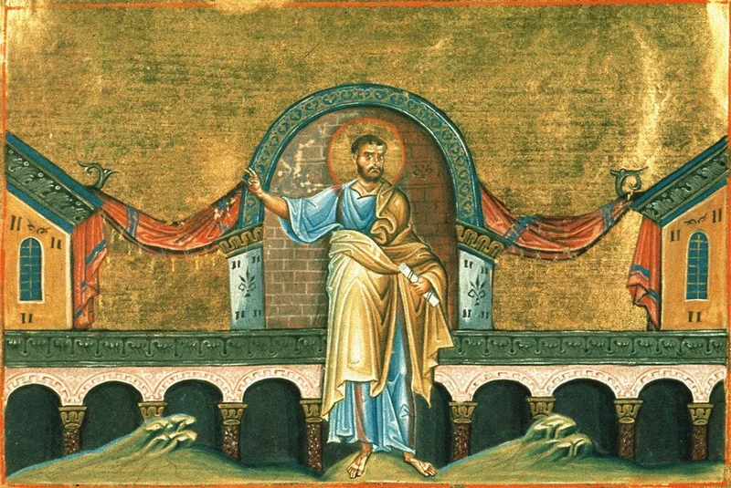 Фреска, пророк со свитком, чёткая греч. надпись «ΑΧΙΑ» рядом с фигурой — подлинное изображение