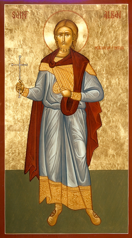 Икона с чёткой англ. надписью «SAINT ALBAN, PROTOMARTYR OF BRITAIN» — подлинное изображение