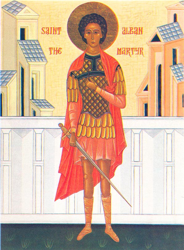 Икона с чёткой англ. надписью «SAINT ALBAN THE MARTYR» — подлинное изображение
