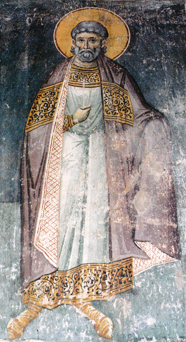 Фреска (Афон, Протат, ок. 1290, Мануил Панселин), одиночная фигура мученика в богатых одеждах — надпись на краях не полностью читается, вероятно подлинная