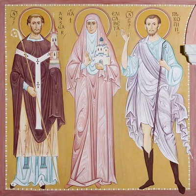 Фреска иконостаса храма св. Иоанна Кронштадтского (Гамбург): свт. Ансгар, прмц. Елизавета, св. Прокопий Устюжский, все три подписаны
