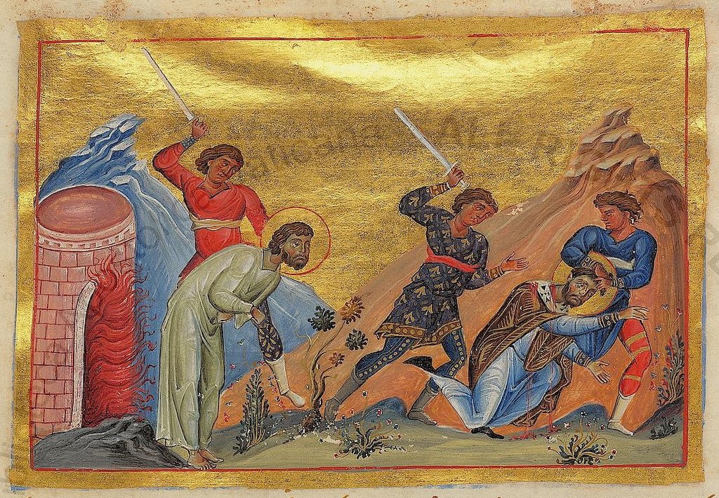 Миниатюра из Минология Василия II со сценой казни сщмч. Елевферия и его спутников — тематически связана с общим житием, но отдельно мц. Анфия (женская фигура) на видимом фрагменте не выделена подписью