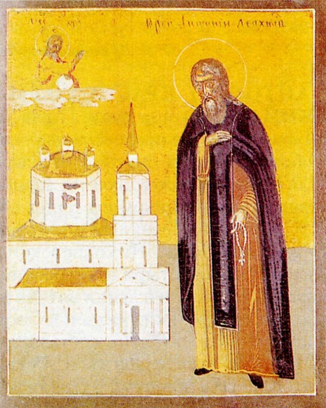 Икона (Русь, XIX в., храм Спаса Преображения, Леохново) с частично видимой надписью «прп. Антоний Леохнов[ский]» — подтверждено