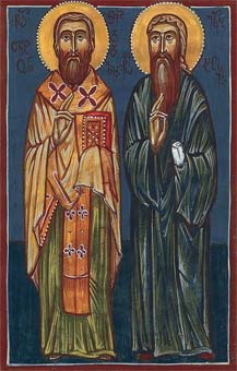 Современная грузинская икона: свт. Антоний Чкондидский и его ученик, свщмон. Иаков — соответствует описанию источника, тематически подтверждено (два предстоящих подписаны)