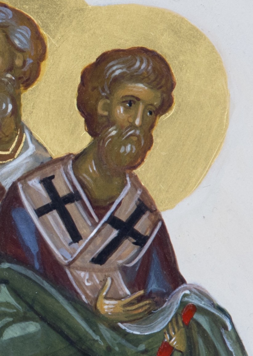 Икона апостола в архиерейском облачении среди группы святых — без разборчивой подписи на видимом фрагменте, стилистически правдоподобно