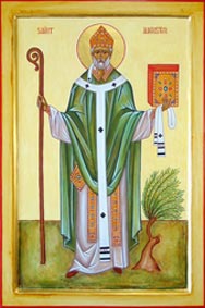 Подтверждено: западная икона с надписью «SAINT AUGUSTINE», святитель с посохом в зелёном облачении — прямая надпись именем подтверждает личность