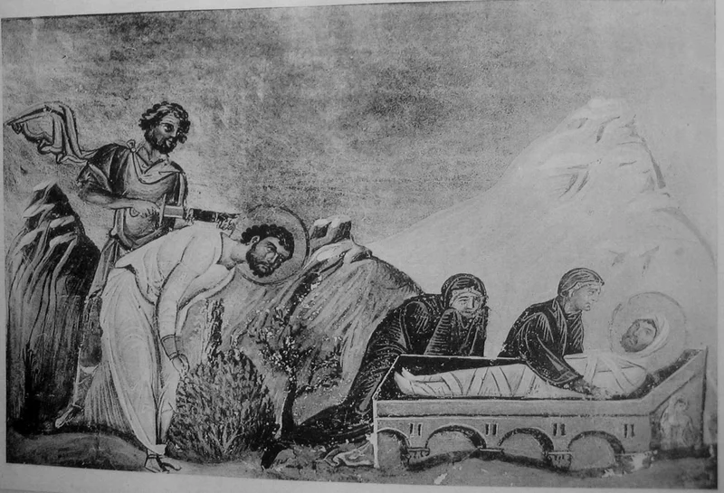 Миниатюра Минология Василия II (Константинополь, 985 г.) со сценой усекновения главы и погребения