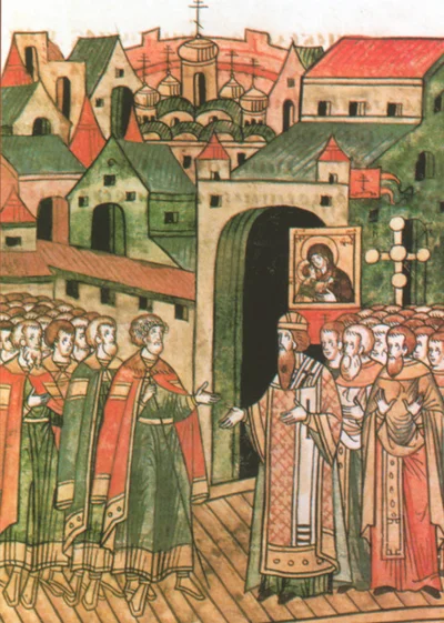 Летописная миниатюра со сценой у городских ворот с иконой Богородицы, без индивидуальной подписи имени