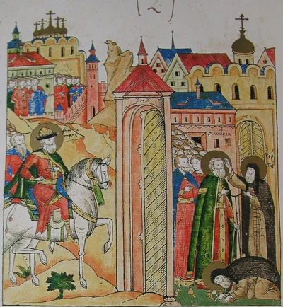 Летописная миниатюра с надписями «Дмитрее» и «Дмитрий» — сцена благословения князя перед битвой