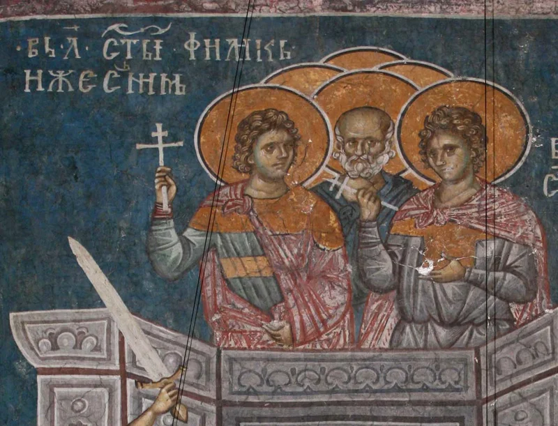 Фреска (Дечаны, ок. 1350 г.) с надписью «въ л(ѣто) стыи Филикъ иже съ ним[и]» и изображением группы мучеников