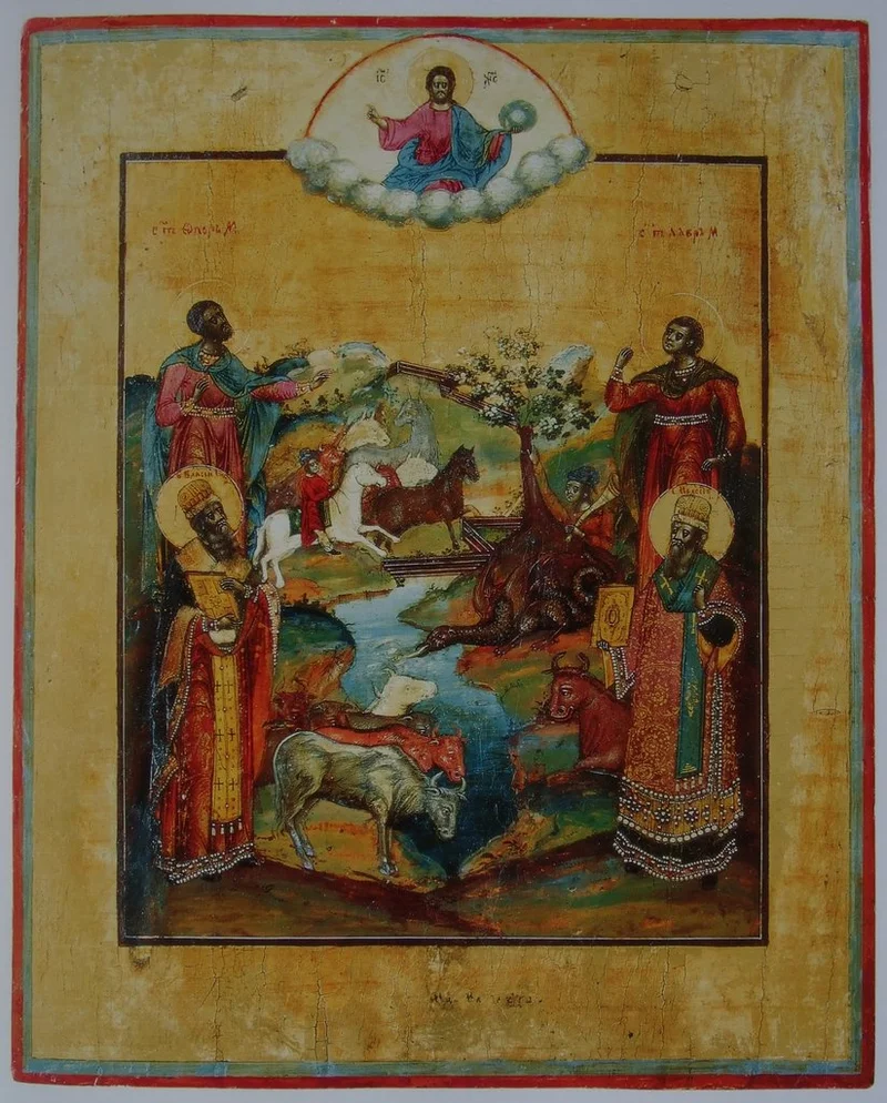Житийная икона (с арх. Михаилом, конями и скотом) с надписями «с҃ те Флоѵмъ» и «стъ Лавромъ»