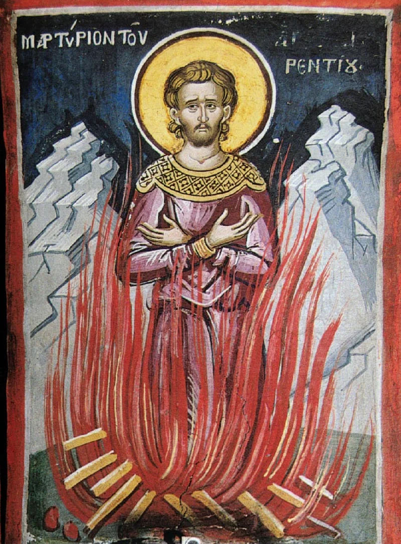 Фреска (Дионисиат, Афон, 1547 г., мастер Дзордзис Фука) с надписью «ΜΑΡΤΥΡΙΟΝ ΤΟΥ [ΑΓΙΟΥ ΦΛΩ]ΡΕΝΤΙ[ΟΥ]» и сценой сожжения