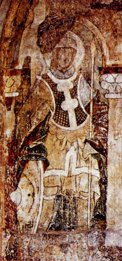 Контекстно верно, но НЕ православное: фреска ок. 1240-1250 гг. из базилики св. Гереона в Кёльне — воин в шлеме и доспехах со щитом, западная (католическая) иконография