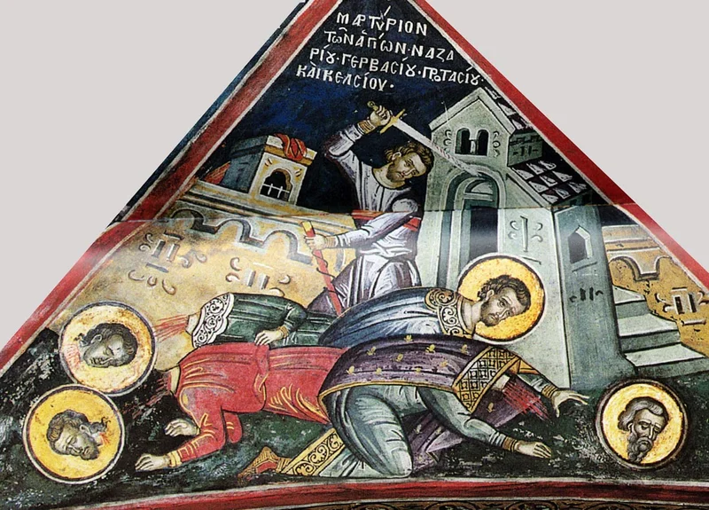 Греч. надпись «MAPTYPION ΤΩΝ ΑΓΙΩΝ ΝΑΖΑΡΙΟΥ ГЕΡΒΑΣΙΟΥ ΠΡΩΤΑΣΙΟΥ ΚΑΙ ΚΕΛΣΙΟΥ» («Мученичество святых Назария, Гервасия, Протасия и Кельсия») — сцена казни четырёх мучеников