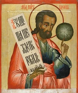 Икона XVIII в. с фигурой праотца, держащего свиток и округлый предмет (руно), надпись частично читается