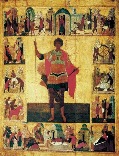 Русская житийная икона (XVI-XVII вв.) — святой воин в доспехах в центре, вокруг клейма жития, включая сцену колесования