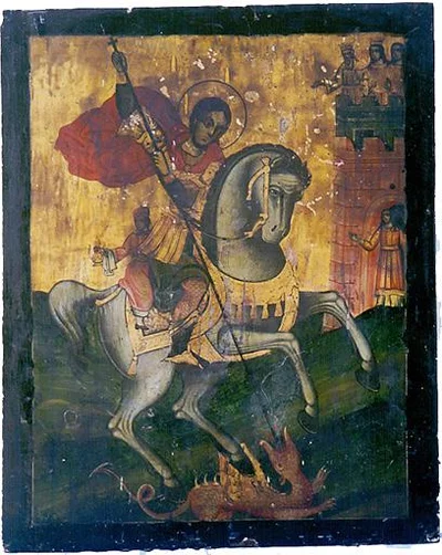 Икона «Чудо о змие» из церкви вмч. Параскевы в Лангадасе (Греция) — классическая композиция всадника-змееборца