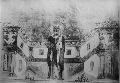Старинная гравюра — святитель на фоне двух зданий