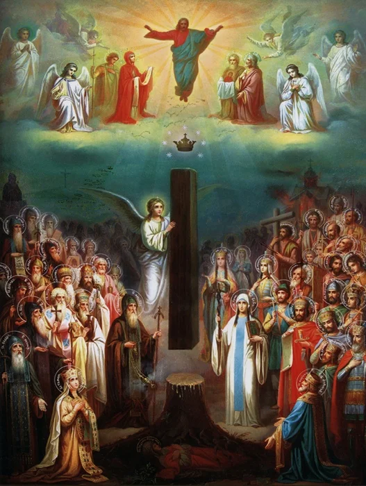 Икона «Собор Грузинских святых» (М. Сабинин, 1880-е гг.) — композиция «Слава Церкви» с восходящим столпом-крестом, ангелом и рядами святых по сторонам, включая царские и святительские фигуры
