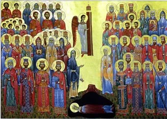 Современная иконописная версия Собора Грузинских святых — многофигурная композиция со Христом/ангелом в центре