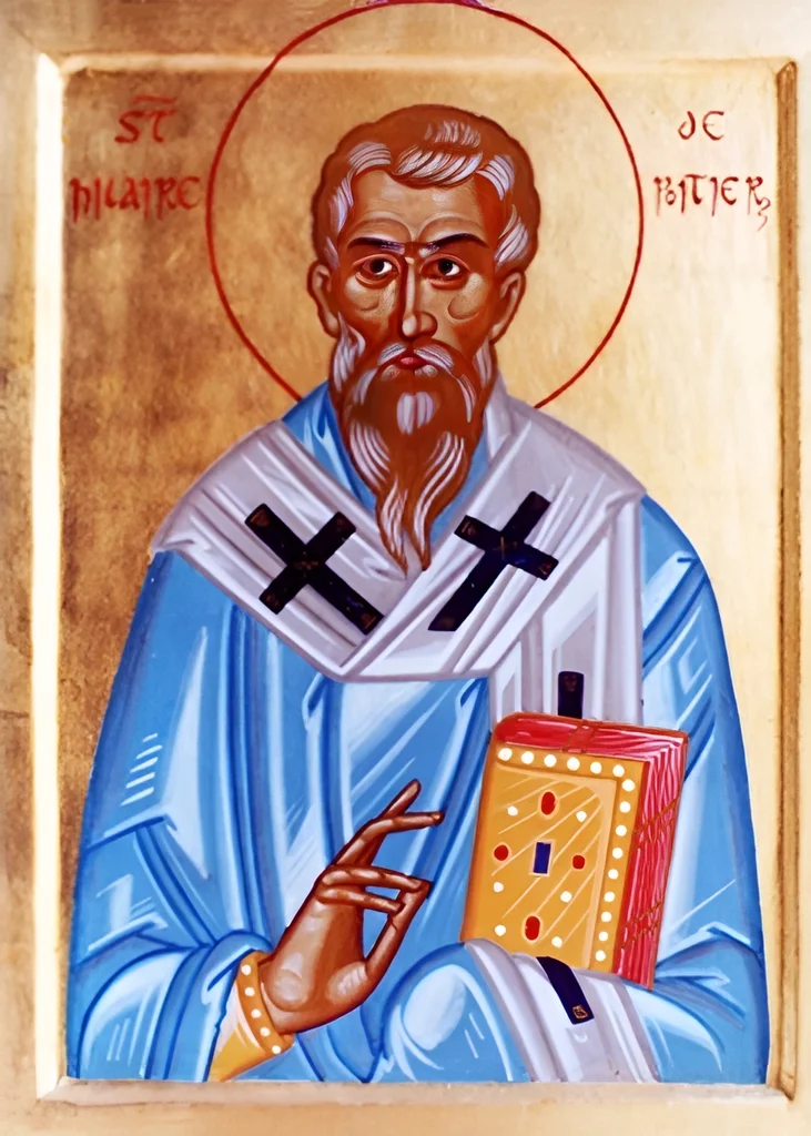 Икона с надписью «SAINT HILAIRE de POITIERS» — святитель в архиерейском облачении с богослужебной книгой