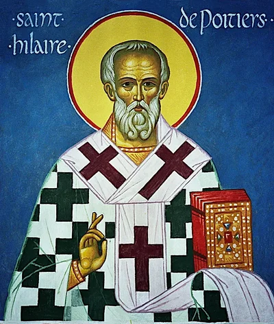 Икона с надписью «ST HILAIRE DE POITIERS» — святитель в клетчатом омофоре с богослужебной книгой в руке